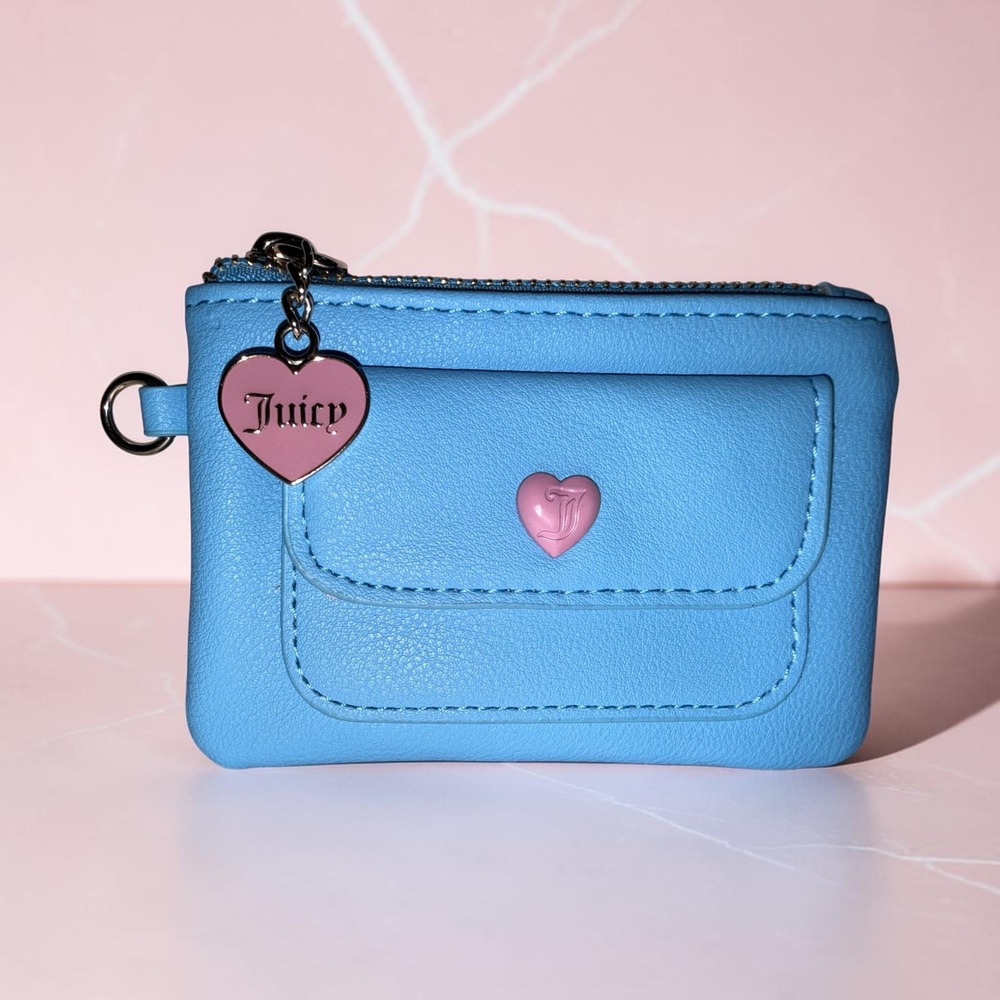 Juicy Couture Blue Faux Leather Coin Purse Heart Charm Zip Pouch Mini Wallet